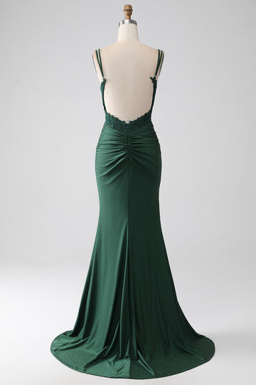 Vestido de fiesta largo con correas de espagueti de sirena verde oscuro